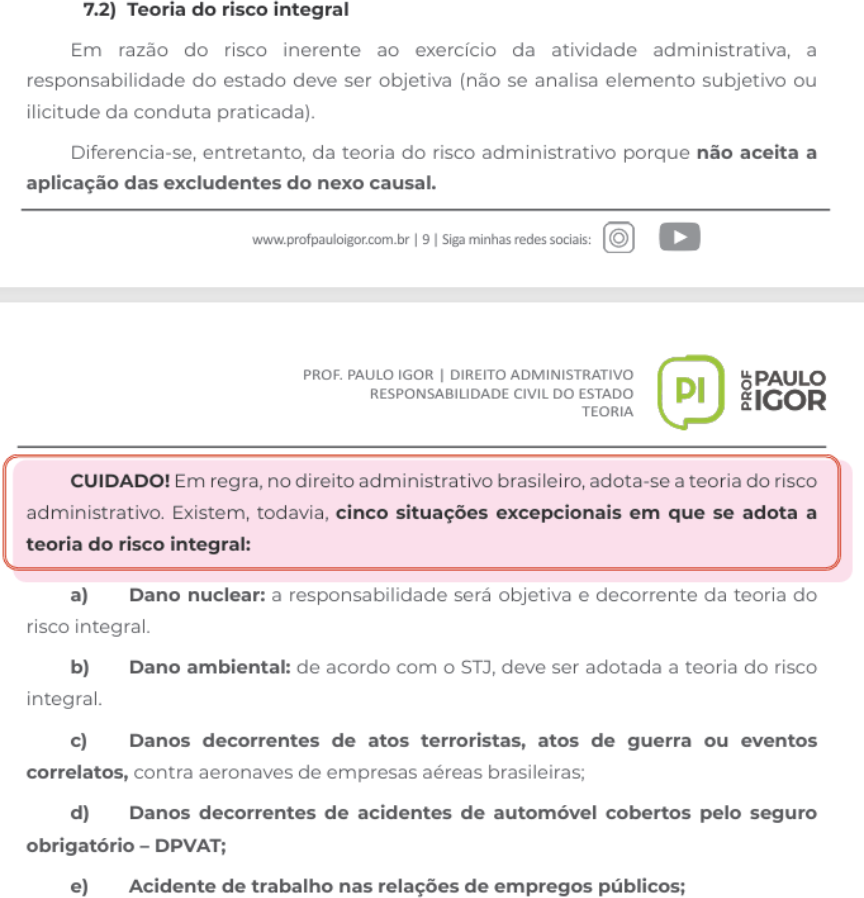 Página da apostila da Comunidade do PI sobre a teoria do risco integral, com as cinco situações excepcionais destacadas