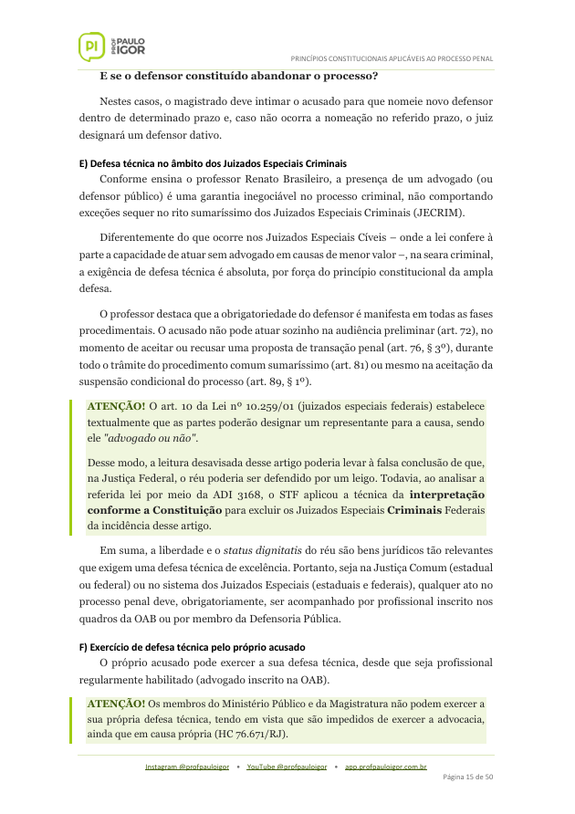 Página da apostila sobre defesa técnica no âmbito dos Juizados Especiais Criminais