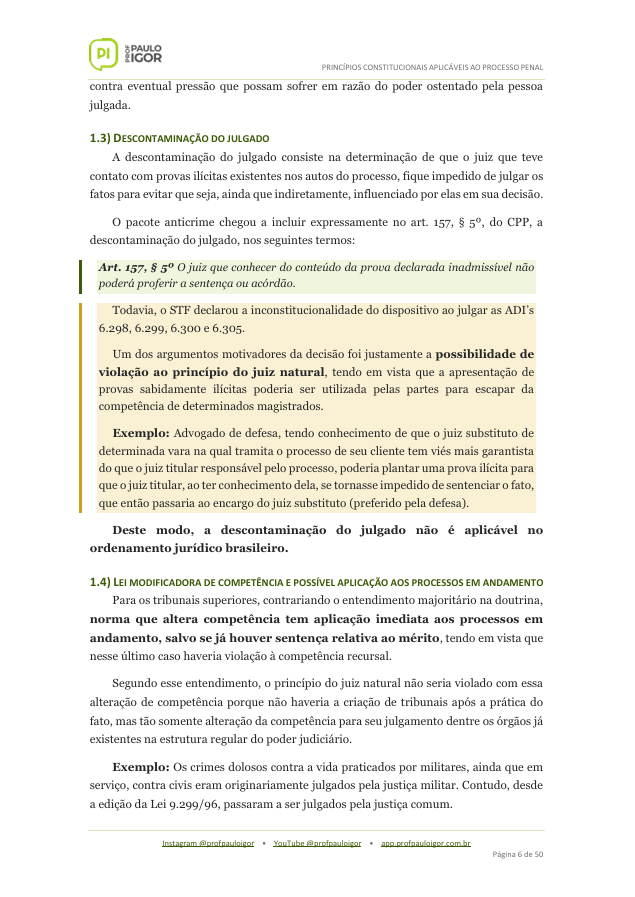 Página da apostila sobre descontaminação do julgado e lei modificadora de competência no processo penal