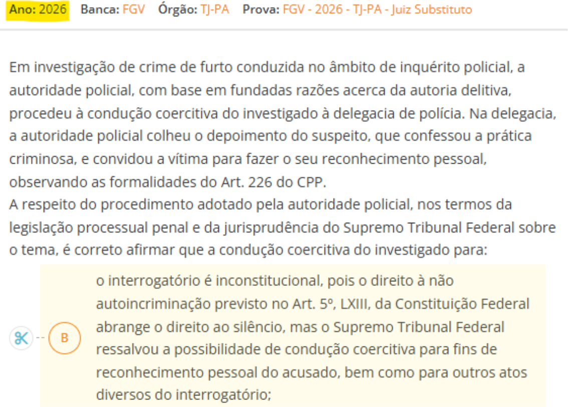 Questão de Direito Processual Penal da prova TJ-PA 2026 da FGV sobre condução coercitiva do investigado