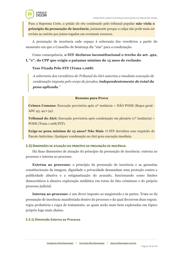 Página da apostila sobre presunção de inocência e execução provisória no Tribunal do Júri