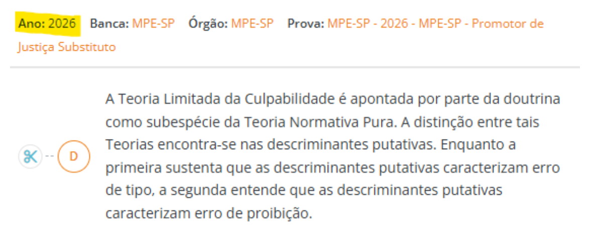 Questão de Direito Penal da prova MPE-SP 2026 sobre a Teoria Limitada da Culpabilidade