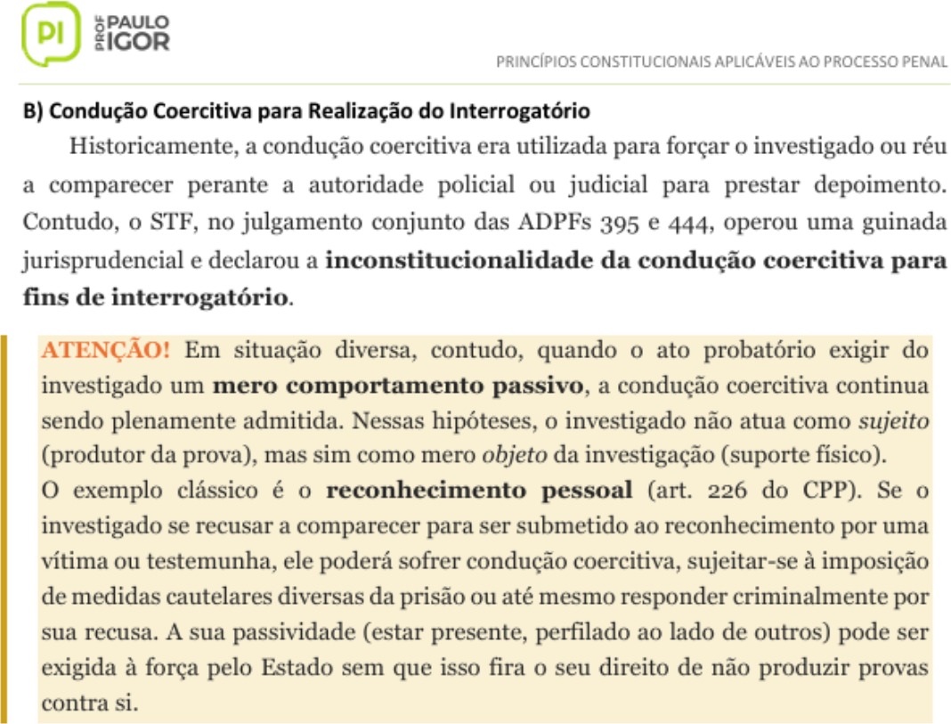 Página da apostila da Comunidade do PI sobre condução coercitiva para realização do interrogatório, com o trecho correspondente destacado